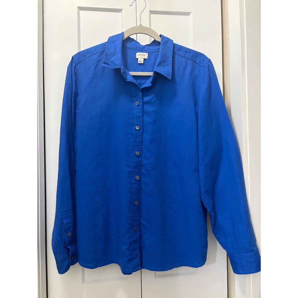 J.Crew Womens Blue Linen Cotton Blend Button Down Shirt Long Sleeve Large
